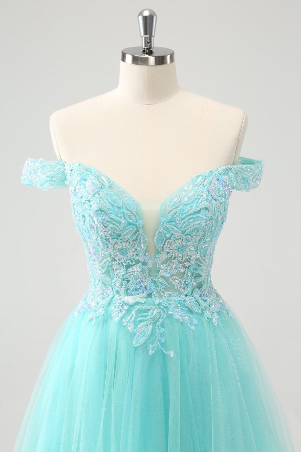 Sparkly Light Blue A Line Off The Shoulder Short Homecoming Dress Sale