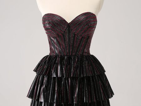 Sparkly Black Pink Sweetheart Tiered Homecoming Dress with Beading Discount