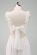 A-Line White Spaghetti Straps Pleated Long Wedding Dress with Bow Fashion