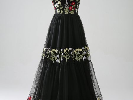 Black A-Line Spaghetti Straps Embroidered Long Corset Prom Dress Online Sale