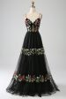 Black A-Line Spaghetti Straps Embroidered Long Corset Prom Dress Online Sale