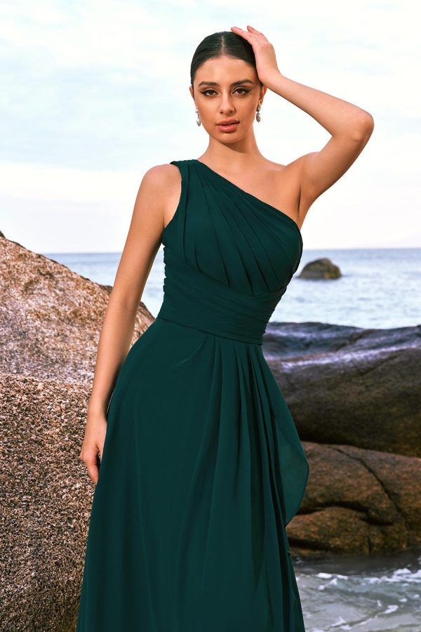 Dark Green A-Line One Shoulder Ruched Long Bridesmaid Dress Sale