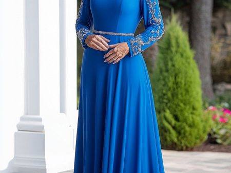 Sparkly Royal Blue A-Line Beaded Long Sleeves Mother of the Bride Dress Cheap