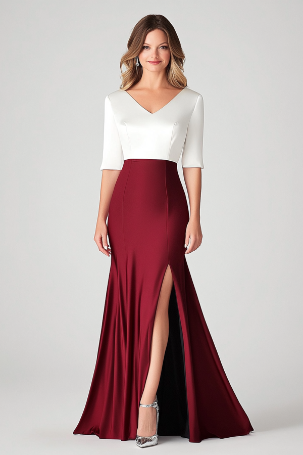 White Burgundy V-Neck Satin Mother of Bride Dress with Slit For Cheap