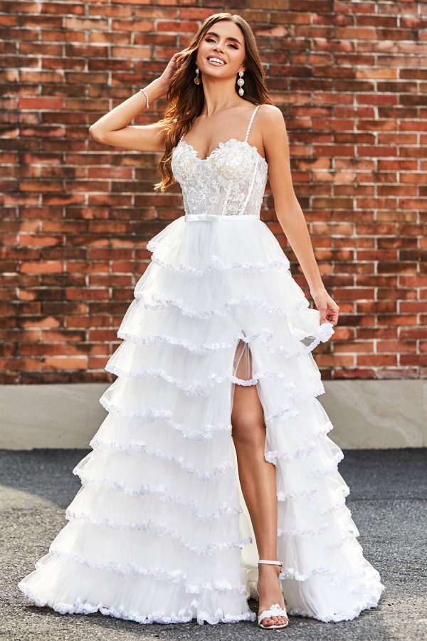 White A-Line Sparkly Sequin Ruffle Skirt Corset Tiered Prom Dress With Slit Hot on Sale