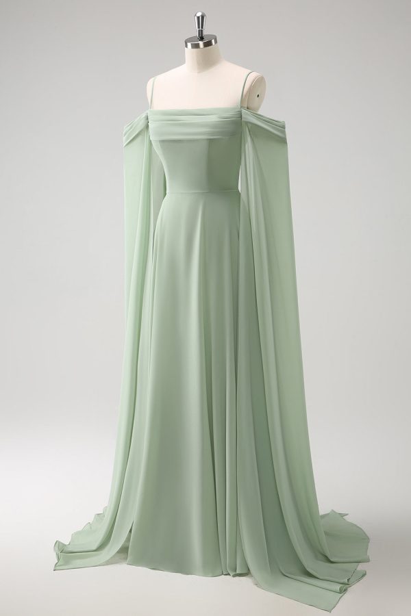 Light Green Cold Shoulder Detachable Sleeves A-Line Chiffon Long Bridesmaid Dress Online Hot Sale