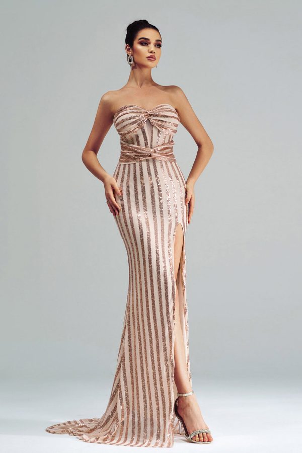 Apricot Mermaid Strapless Sequined Split Prom Dress Online