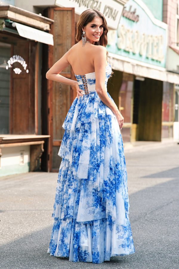 White Blue Flower A Line Strapless Tiered Long Prom Dress For Sale