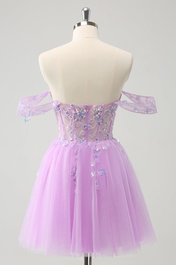 A Line Lilac Off the Shoulder Sequined Homecoming Dress on Sale