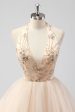 A Line Tiered Champagne Halter Beaded Formal Dress Hot on Sale