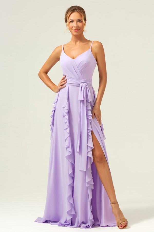 Lilac Spaghetti Straps A-Line Chiffon Ruffled Bridesmaid Dress with Slit For Cheap