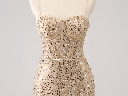 Sparkly Golden Spaghetti Straps Bodycon Homecoming Dress with Sequins on Sale