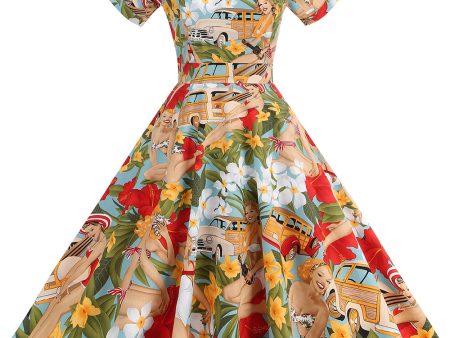 Flower A Line Printed Vintage 1950s Dress Discount