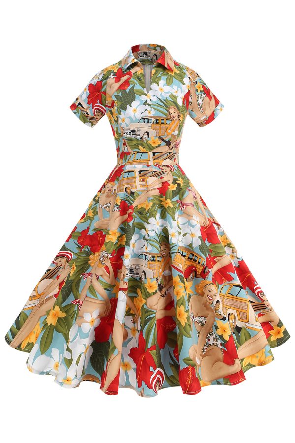 Flower A Line Printed Vintage 1950s Dress Discount