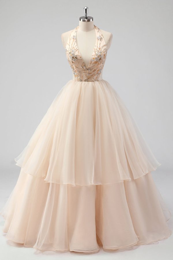 A Line Tiered Champagne Halter Beaded Formal Dress Hot on Sale