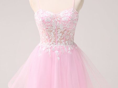 Pink A Line Spaghetti Straps Tulle Corset Homecoming Dress with Appliques Online Sale