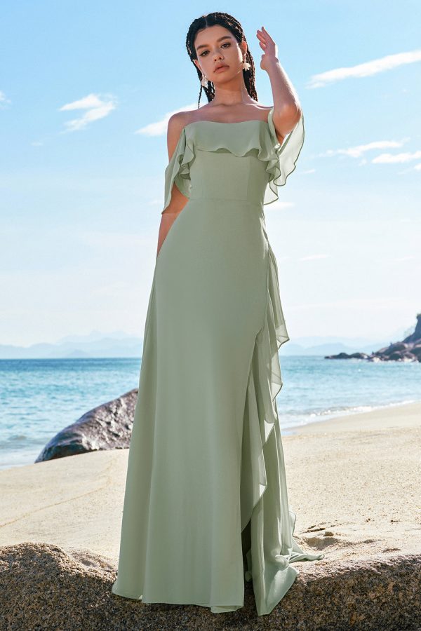 Light Green Mermaid Off the Shoulder Long Bridesmaid Dress with Ruffle Slit Online Hot Sale