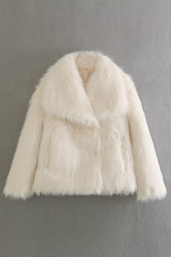 Fluffy Black Turn Lapel Faux Fur Winter Coat For Cheap