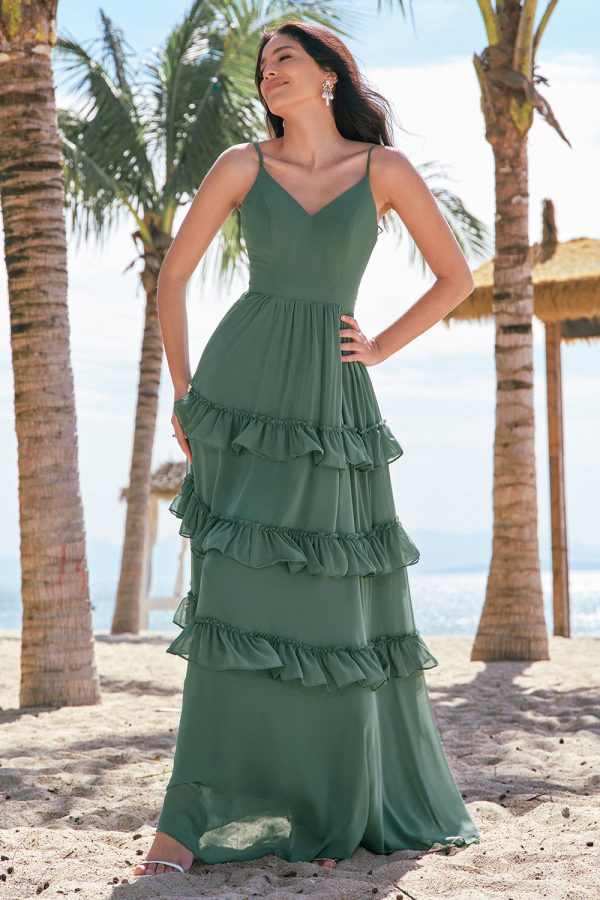 Eucalyptus A-Line Chiffon Tiered Long Bridesmaid Dress Cheap