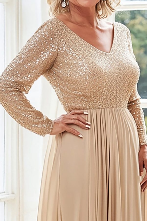 Champagne A Line V Neck Pleated Long Sleeves Mother of the Bride Dress Fashion