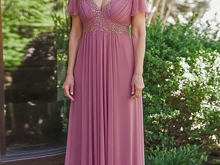 Sparkly Dusty Rose A-Line V Neck Sequined Chiffon Pleats Long Mother of the Bride Dress Online