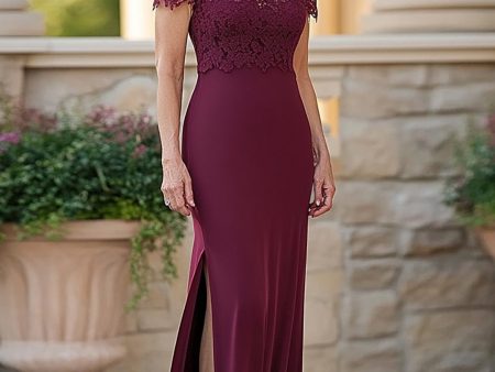 Burgundy Bodycon Lace Appliques Long Mother Of Bride Dress With Slit on Sale