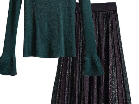 Janine Petrol Metallic Blouse and Pleated Skirt Set Hot on Sale