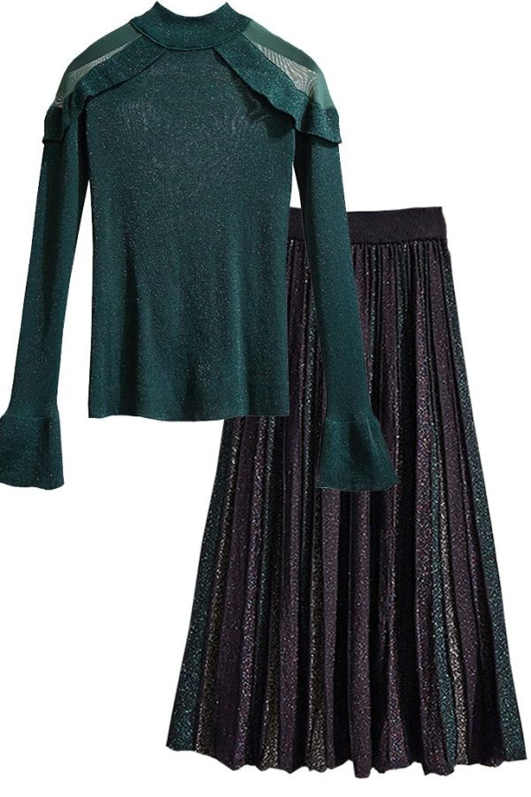 Janine Petrol Metallic Blouse and Pleated Skirt Set Hot on Sale