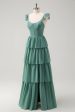 Eucalyptus A Line Corset Tiered Long Bridesmaid Dress with Slit Hot on Sale