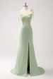 Green Mermaid Spaghetti Straps Satin Long Bridesmaid Dress with Slit Online Sale