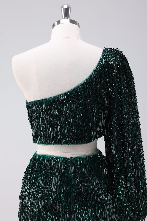 Sparkly Dark Green One Shoulder Tight Short Homecoming Dress with Tassels Online Hot Sale