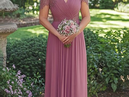 Sparkly Dusty Rose A-Line Wrap Sequined Short Sleeves Chiffon Long Mother of the Bride Dress Hot on Sale