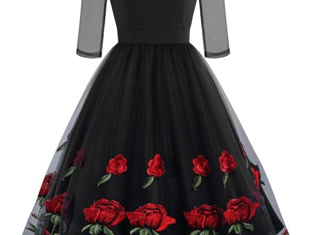 Black A Line Rose Floral 1950s Dress with Half Sleeves Sale