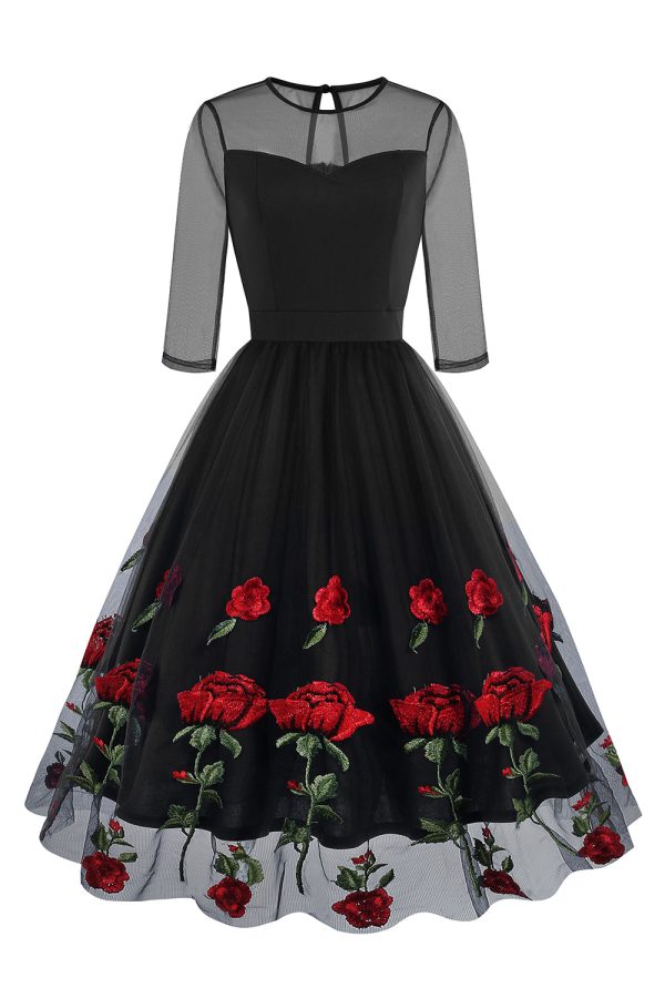 Black A Line Rose Floral 1950s Dress with Half Sleeves Sale