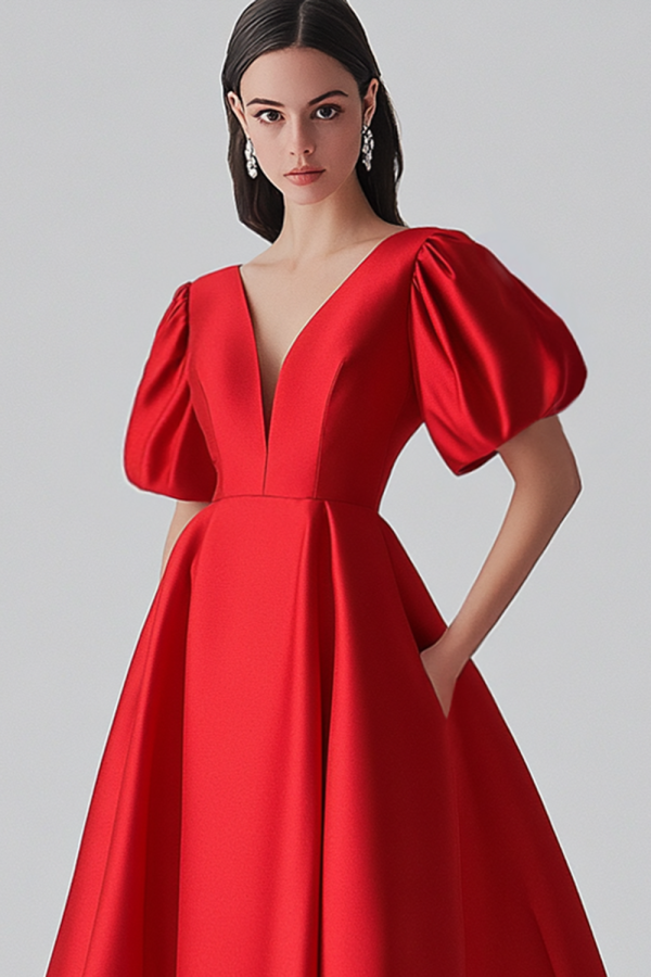 Red A Line Satin Formal Dress with Puff Sleeves For Discount