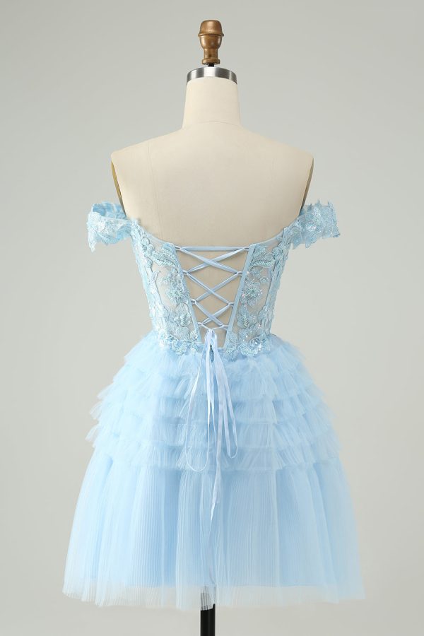 Light Blue A Line Off The Shoulder Corset Short Homecoming Dress Online Sale