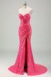 Sparkly Fuchsia Mermaid Strapless Corset Sequins Long Prom Dress with Slit For Cheap