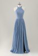 Grey Blue A-Line Halter Long Bridesmaid Dress with Slit Online