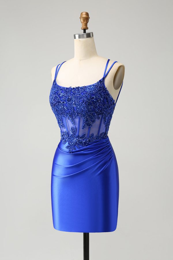 Royal Blue Corset Spaghetti Straps Tight Homecoming Dress Supply