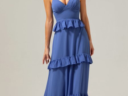 Dark Blue A-Line Spaghetti Straps Tiered Chiffon Long Bridesmaid Dress For Discount