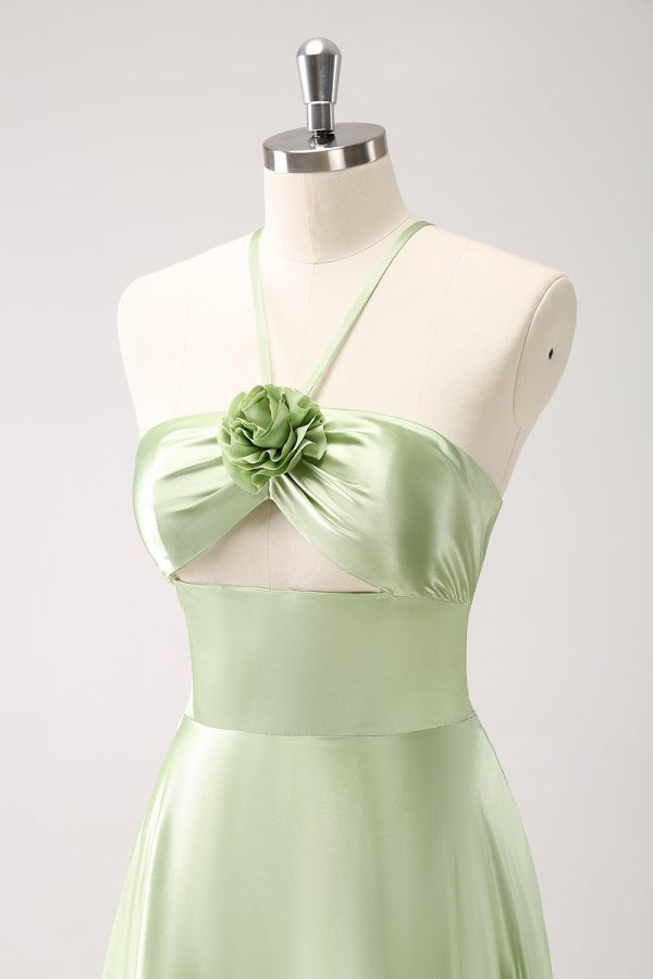 Light Green A-Line Halter Hollow Out Satin Bridesmaid Dress with Flower Online Hot Sale