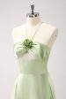 Light Green A-Line Halter Hollow Out Satin Bridesmaid Dress with Flower Online Hot Sale