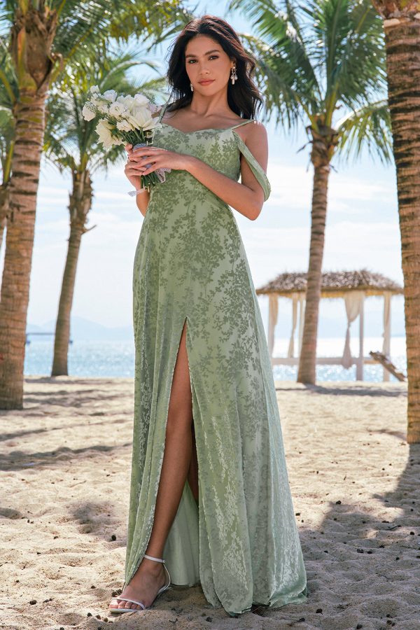 Dusty Sage Cold Shoulder A-Line Jacquard Long Bridesmaid Dress with Slit For Discount