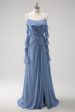 Grey Blue A-Line Spaghetti Straps Chiffon Long Bridesmaid Dress with Slit Discount