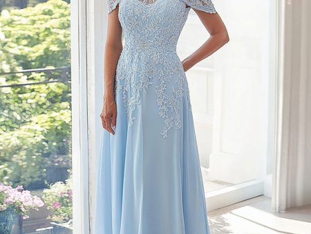 Sky Blue A Line Off The Shoulder Chiffon Appliqued Mother of the Bride Dress For Discount