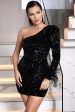 One Shoulder Sequins Little Black Dress with Feathers Cheap