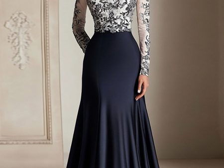 Black Mermaid Long Sleeves Satin Long Mother of the Bride Dress with Lace Appliques Online now