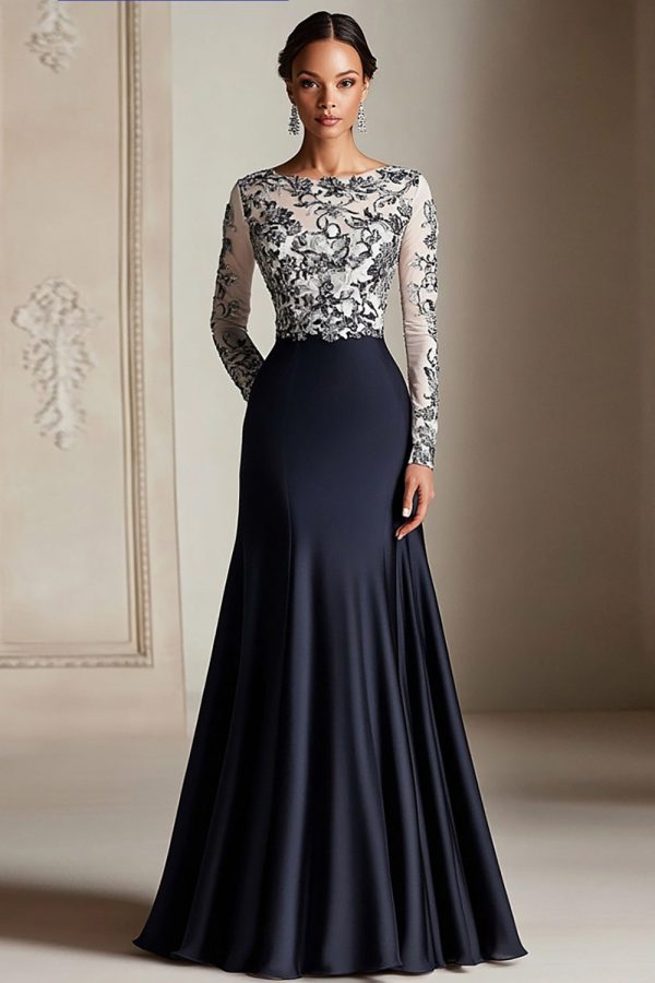 Black Mermaid Long Sleeves Satin Long Mother of the Bride Dress with Lace Appliques Online now