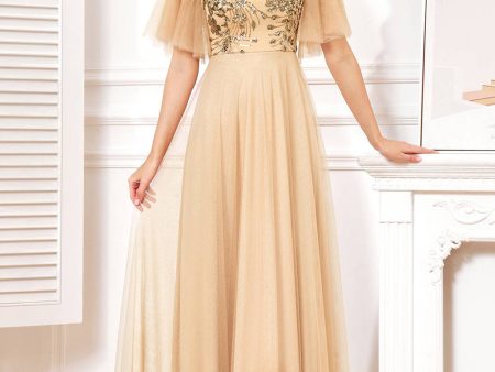 Bat Sleeves A Line Tulle Champagne Formal Dress with Sequins Hot on Sale