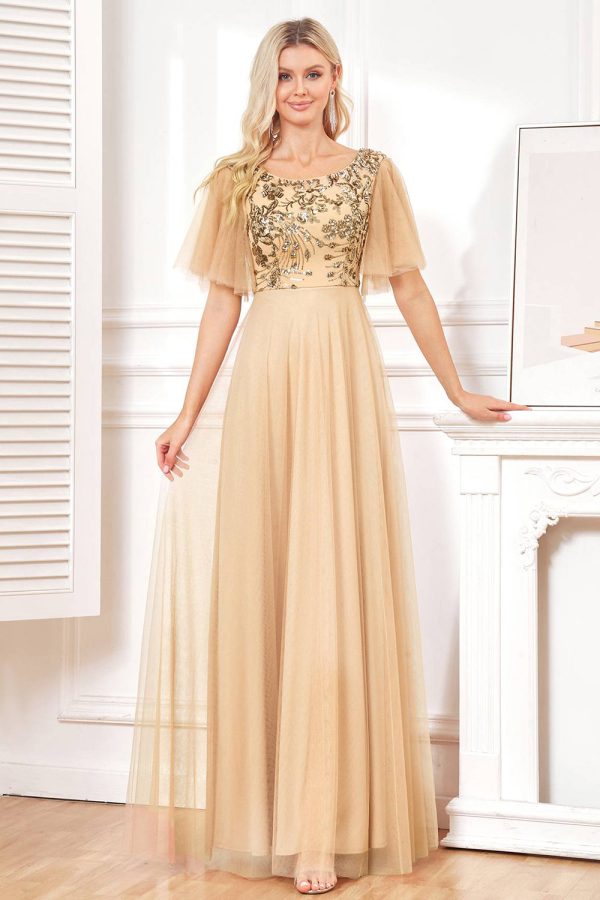 Bat Sleeves A Line Tulle Champagne Formal Dress with Sequins Hot on Sale